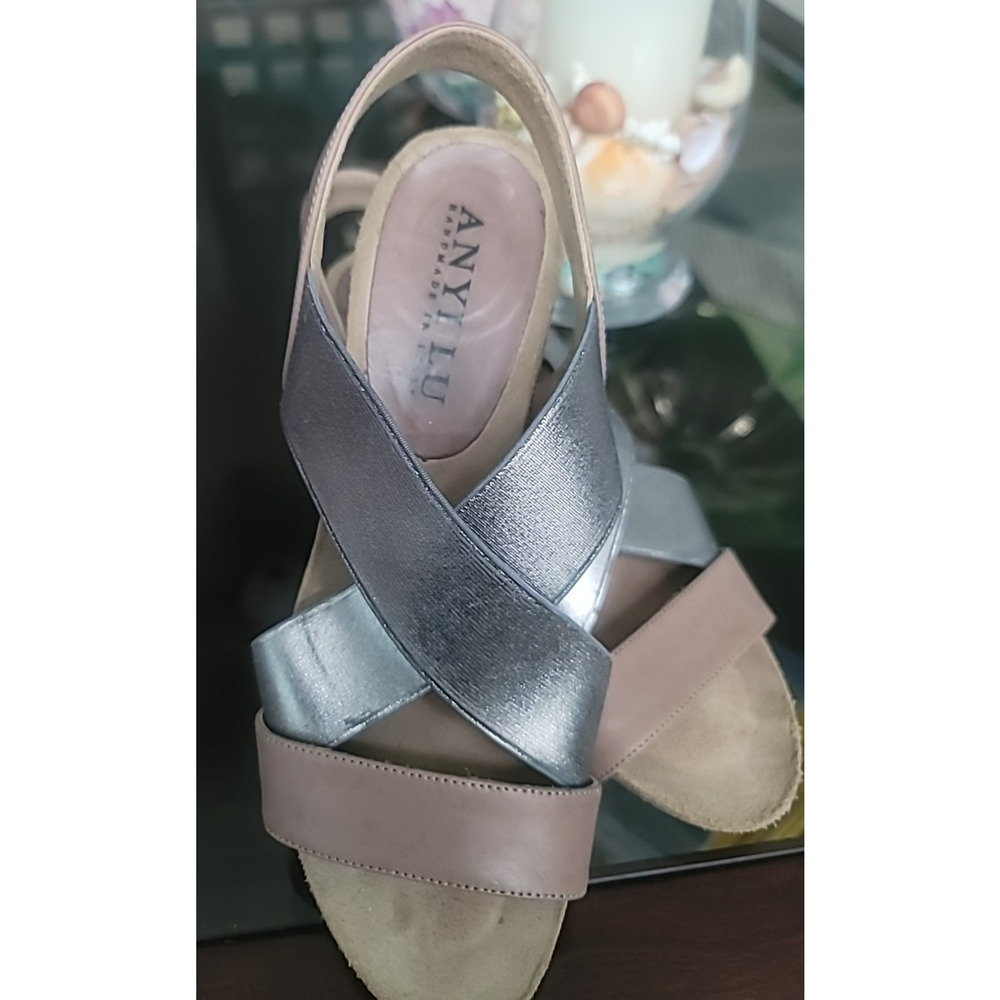 Anyi Lu 37.5 7 Bella Brown Leather Pewter Cross Strap Stretch Heel Sandals